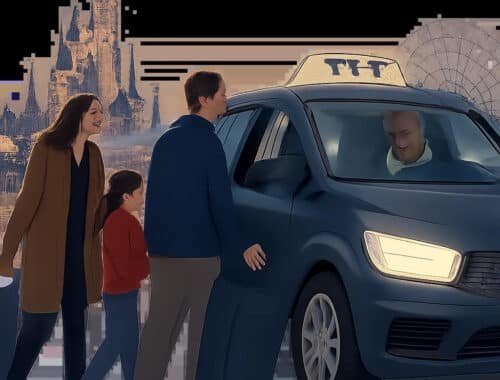 Illustration d’un transfert fiable et pré-réservé depuis Disneyland Paris. L’image met en avant une prise en charge rassurante pour les familles et voyageurs avec bagages.
